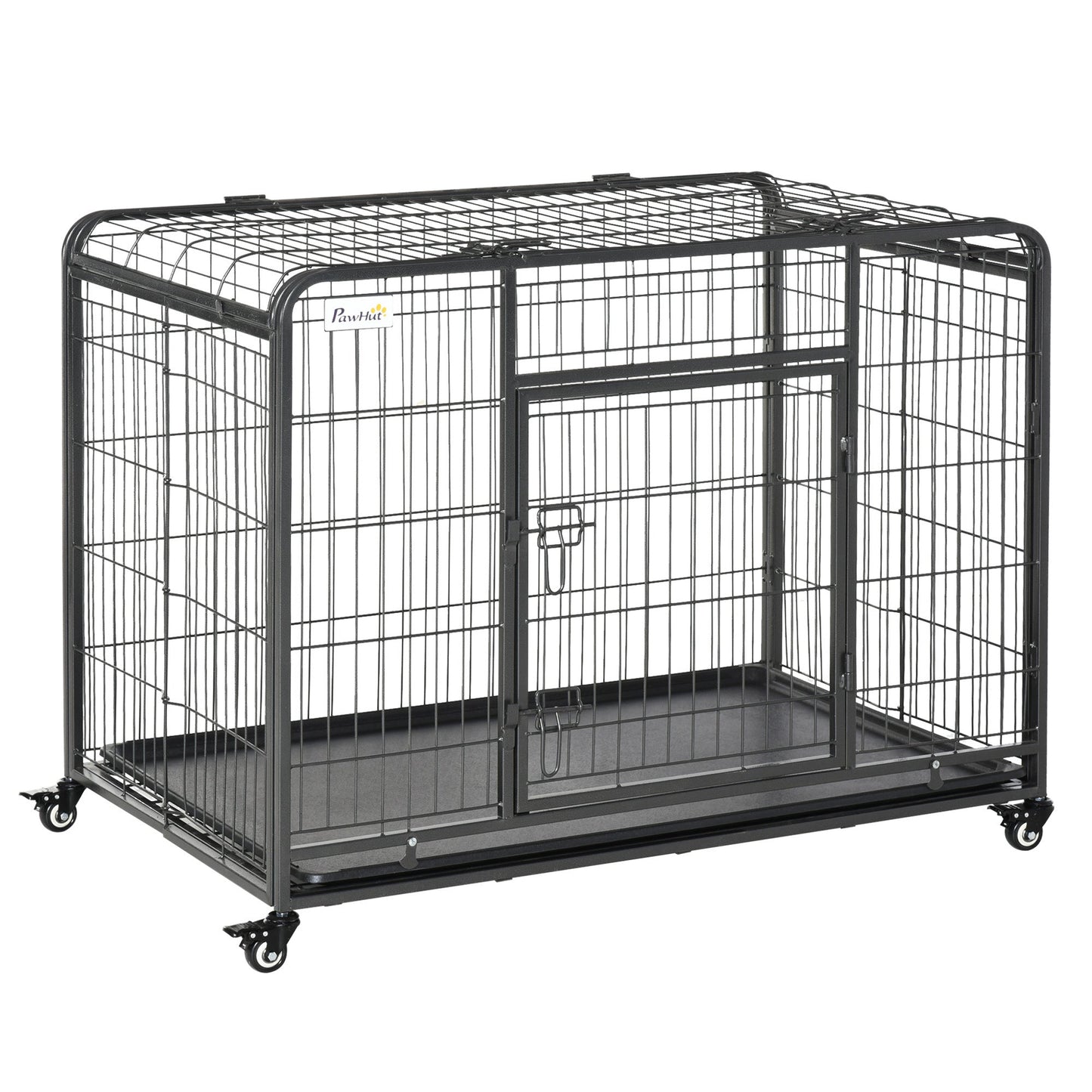 Folding Design Heavy Duty Metal Dog Cage Crate & Kennel with Removable Tray and Cover, & 4 Locking Wheels, Indoor/Outdoor 43"