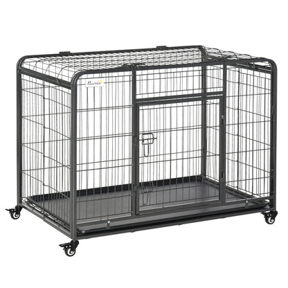 Folding Design Heavy Duty Metal Dog Cage Crate & Kennel with Removable Tray and Cover, & 4 Locking Wheels, Indoor/Outdoor 43"