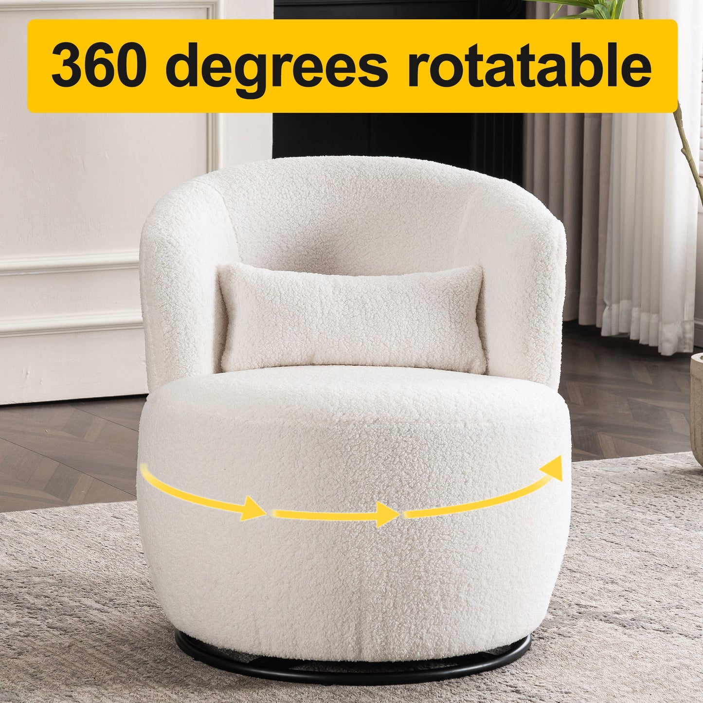 White Plush Swivel Accent Chair - Contemporary Round Armchair with 360 Rotation and Metal Base for Living Room Elegance