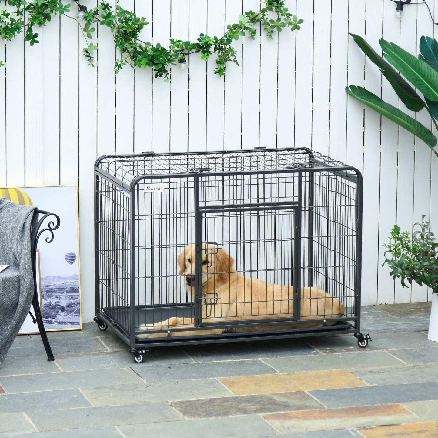 Folding Design Heavy Duty Metal Dog Cage Crate & Kennel with Removable Tray and Cover, & 4 Locking Wheels, Indoor/Outdoor 43"