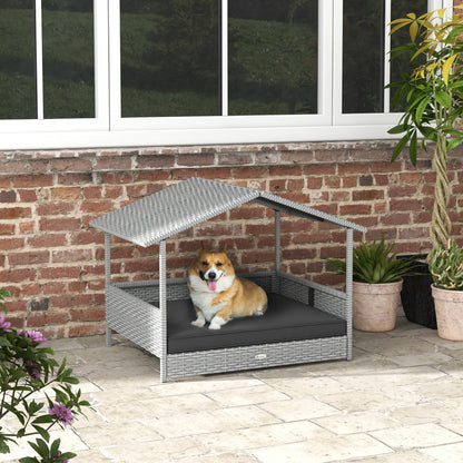 Wicker Dog House Outdoor with Canopy, Rattan Dog Bed with Water-resistant Cushion, for Small and Medium Dogs, Gray