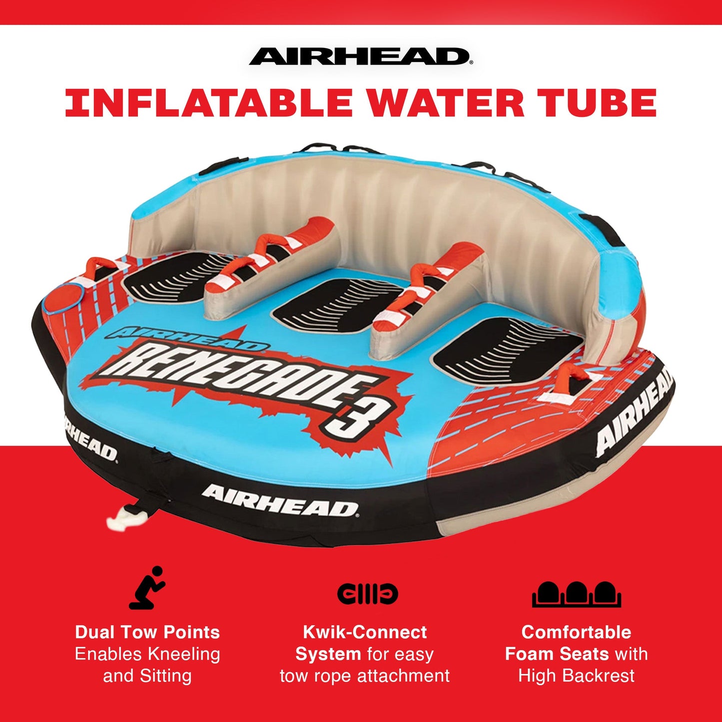 Airhead Renegade 3 Person Inflatable Towable Water Tube Kit w/ Boat Rope & Pump