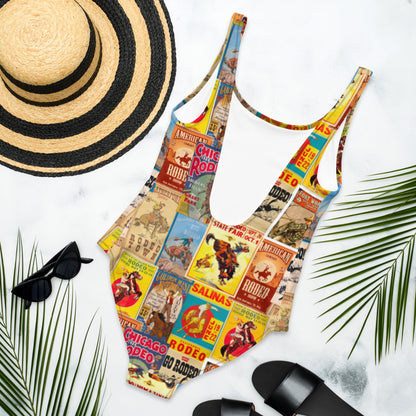 Yeehaw Vintage Rodeo Poster One-Piece Swimsuit