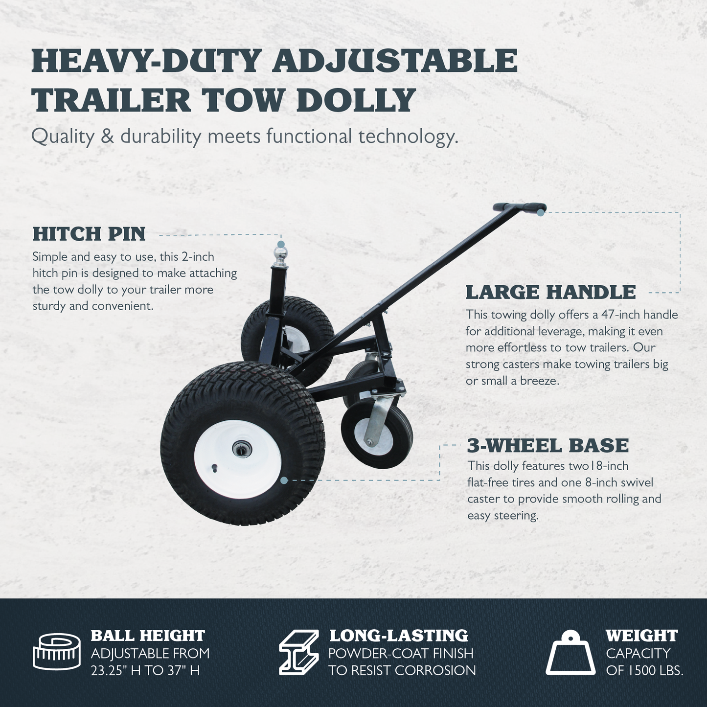 Tow Tuff TMD-15002C Adjustable Steel 1500 lb Heavy Duty Trailer Dolly w/ Caster