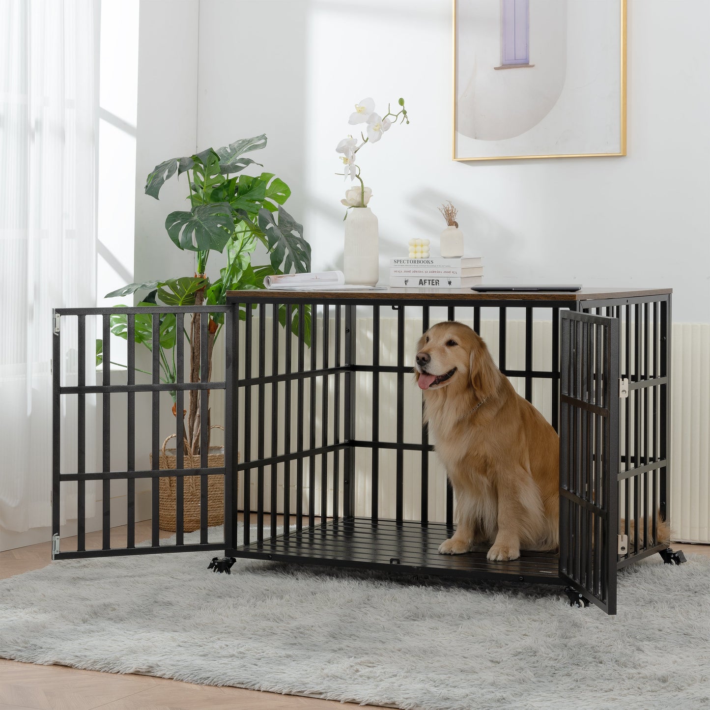 42" Heavy Duty Dog Crate for Large Medium Dogs, Furniture Style cage with 4 Lockable Wheels and 2 Locks, Decorative Pet House Wooden Cage Kennel Furniture Indoor