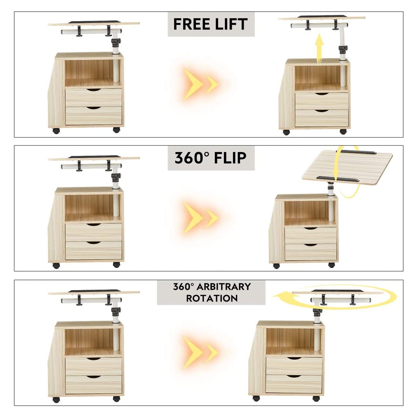EROMMY Swivel Top Adjustable Height Bedside End Table w/Storage Drawers, Natural