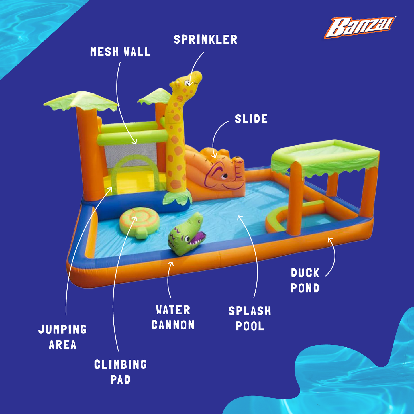Banzai Safari Splash Water Park Inflatable Bouncer Slide with Cannon and Blower