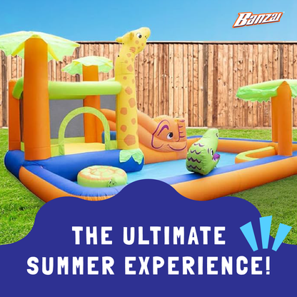 Banzai Safari Splash Water Park Inflatable Bouncer Slide with Cannon and Blower