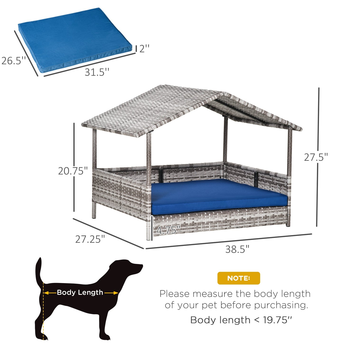 Wicker Dog House Outdoor with Canopy, Rattan Dog Bed with Water-resistant Cushion, for Small and Medium Dogs, Dark Blue