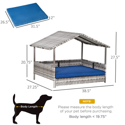 Wicker Dog House Outdoor with Canopy, Rattan Dog Bed with Water-resistant Cushion, for Small and Medium Dogs, Dark Blue