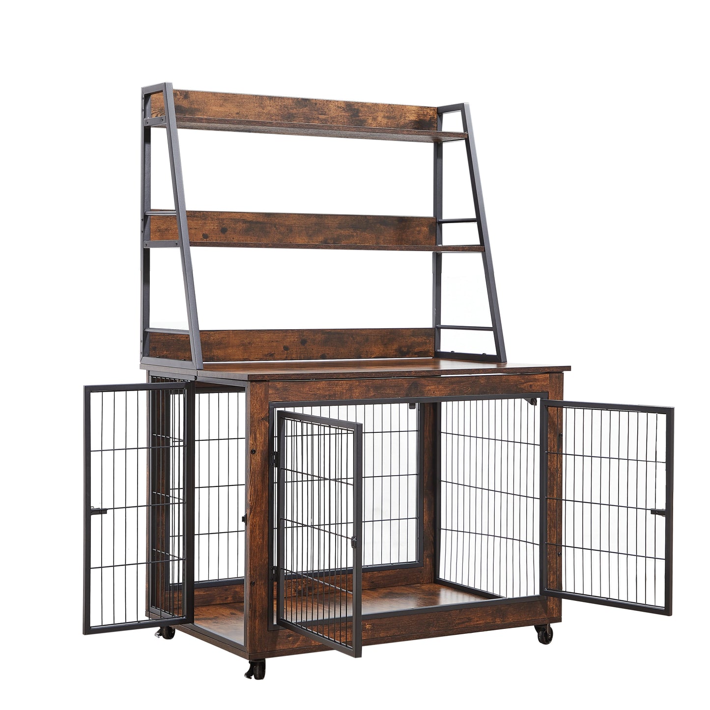 Furniture style dog crate side table with shelves, equipped with double doors and a raised roof. Rustic Brown, 38.58 "w x 25.5 "d x 57 "h