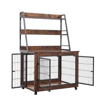 Furniture style dog crate side table with shelves, equipped with double doors and a raised roof. Rustic Brown, 38.58 "w x 25.5 "d x 57 "h