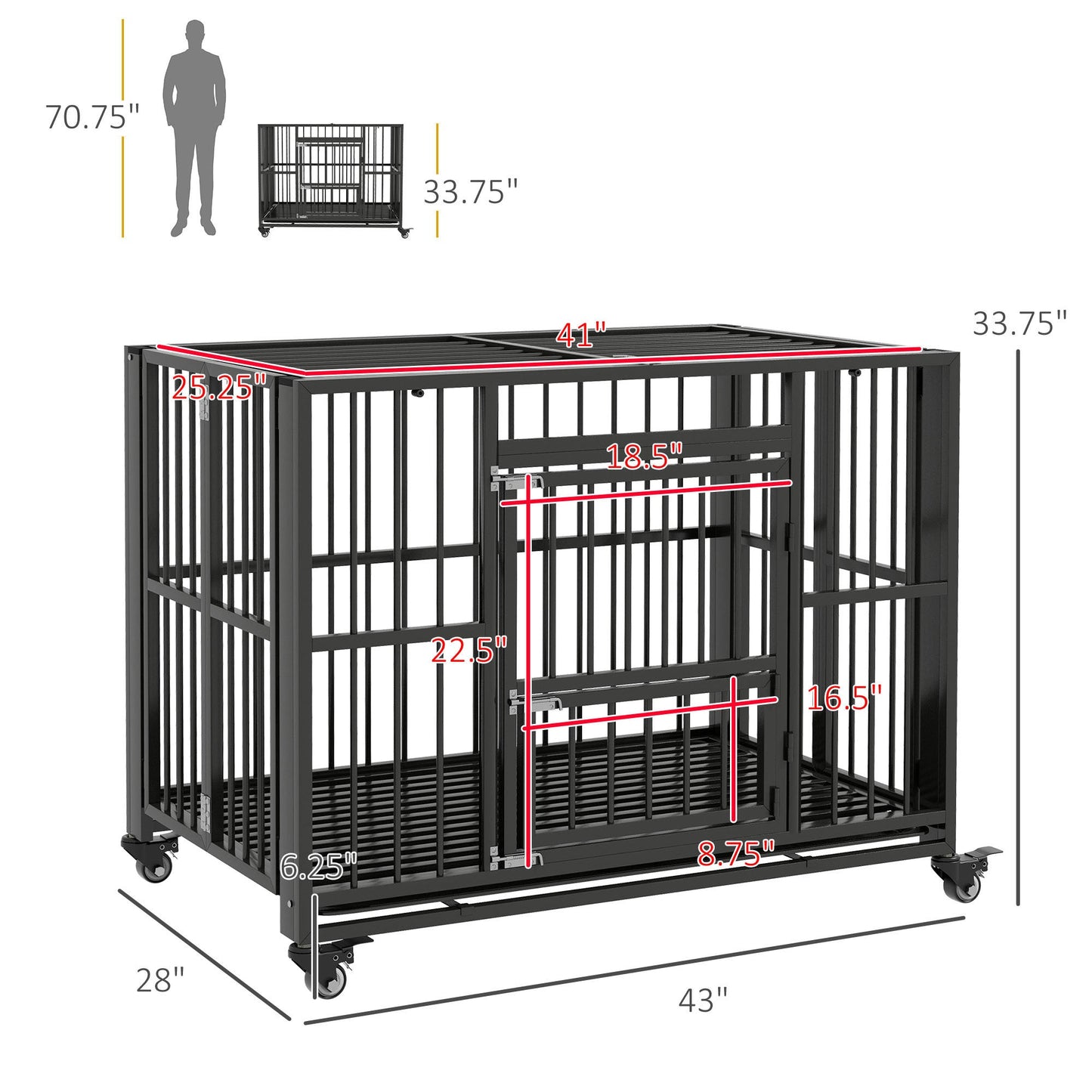 43" Heavy Duty Dog Crate, Strong Steel Foldable Large Dog Crate with 4 Lockable Wheels, Double Doors, Openable Top and Removable Trays for Medium and Large Dogs, Black