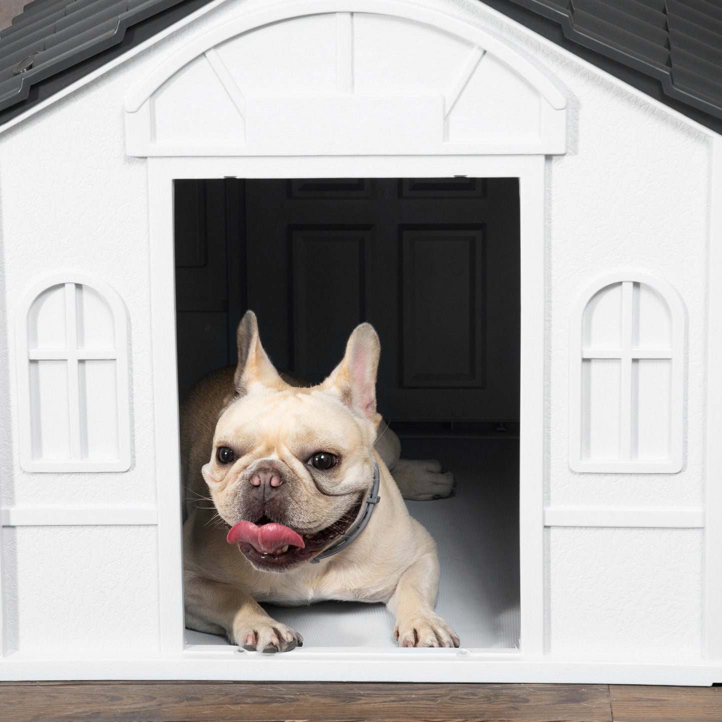 Plastic Dog House, Water Resistant Puppy Shelter Indoor Outdoor with Door, for Medium and Small Dogs, Gray