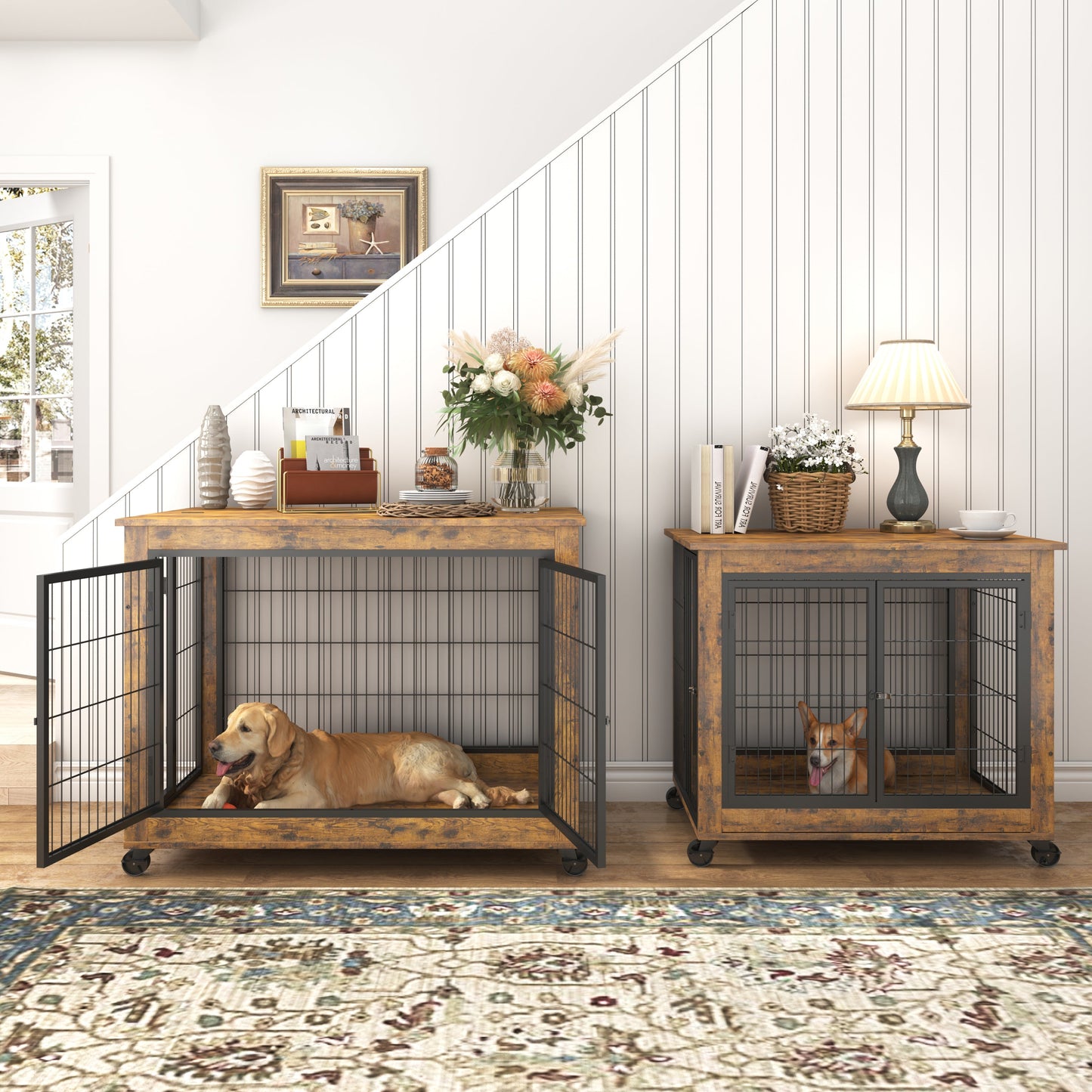 Furniture Dog Cage Crate with Double Doors, Rustic Brown, 38.58" W x 25.2" D x 27.17" H