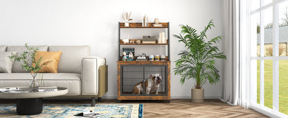 Furniture style dog crate side table with shelves, equipped with double doors and a raised roof. Rustic Brown, 38.58 "w x 25.5 "d x 57 "h