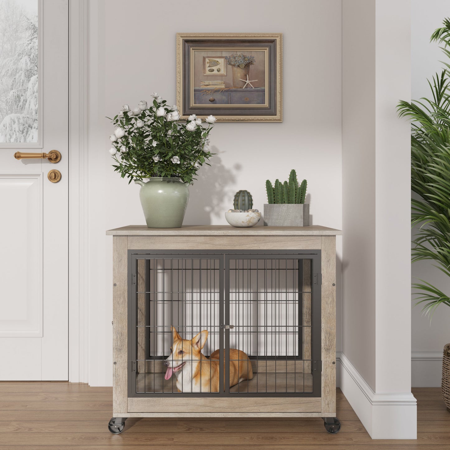 Furniture Dog Cage Crate with Double Doors on Casters. Grey, 31.50" W x 22.05" D x 24.8" H.