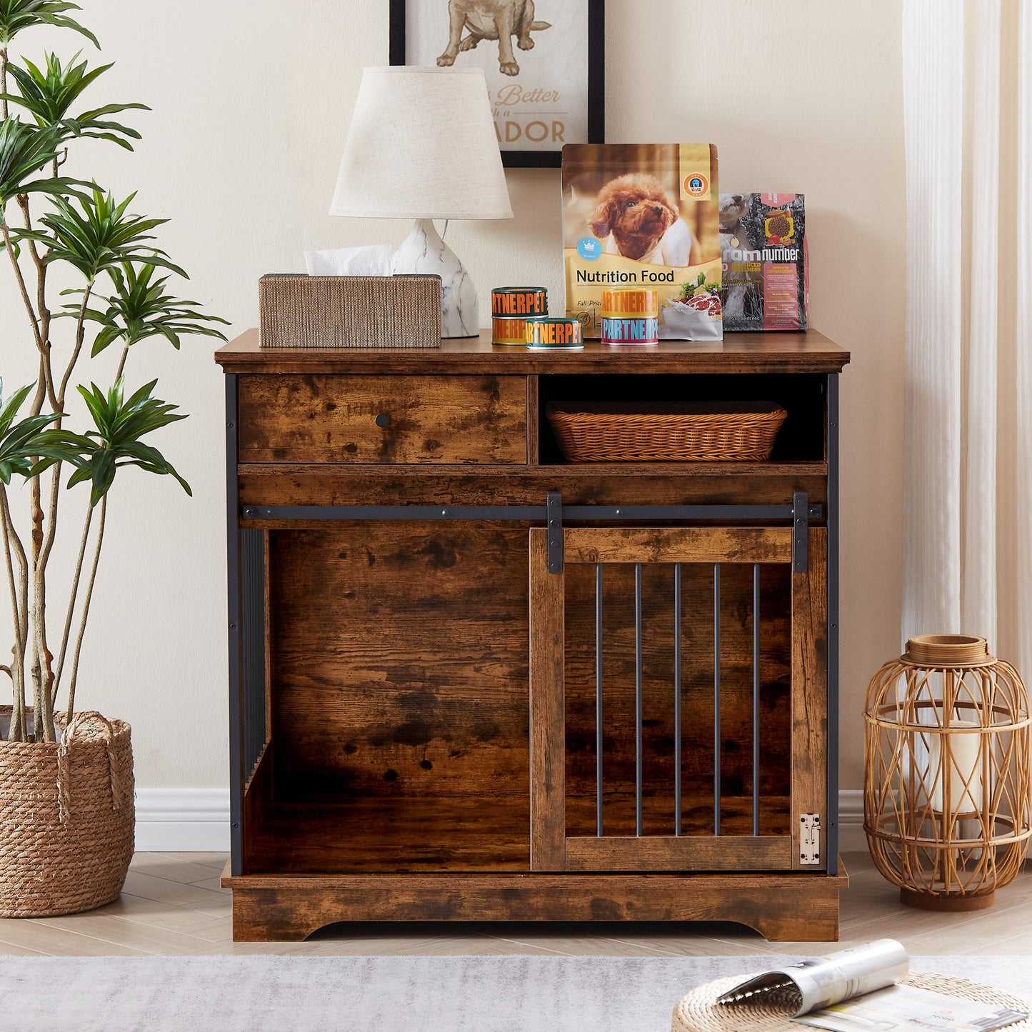 Sliding door dog crate with drawers. Rustic Brown, 35.43" W x 23.62" D x 33.46" H