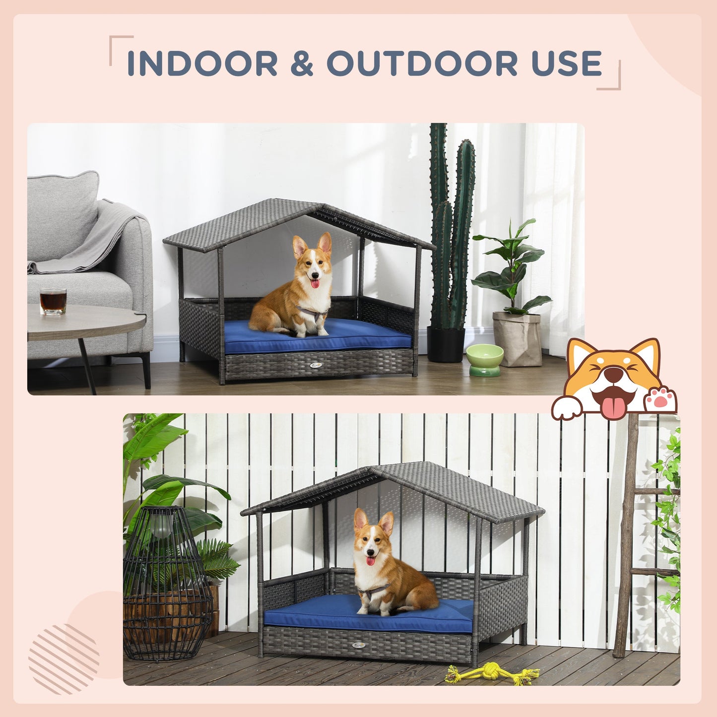 Wicker Dog House Outdoor with Canopy, Rattan Dog Bed with Water-resistant Cushion, for Small and Medium Dogs, Dark Blue