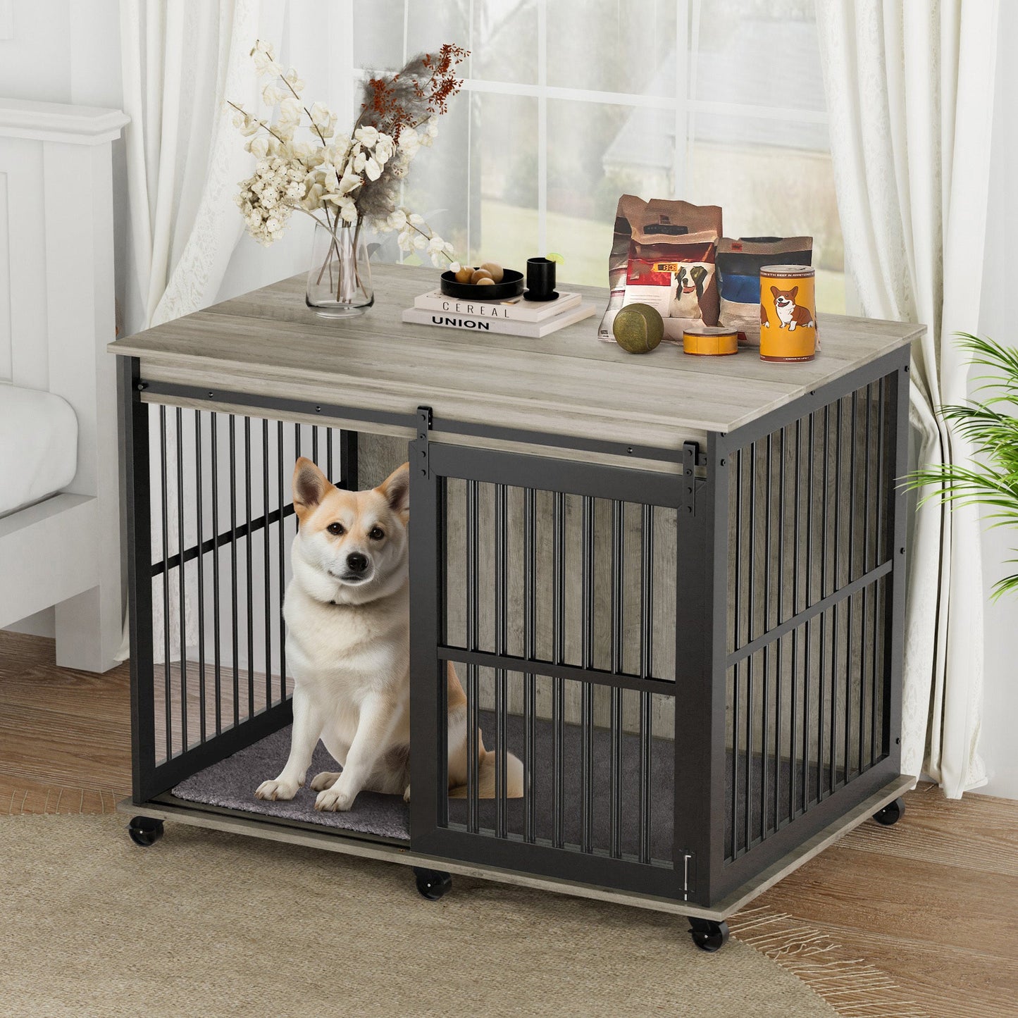 Furniture dog crate sliding iron door dog crate with mat. (Grey,43.7"W x 30"D x 33.7"H)