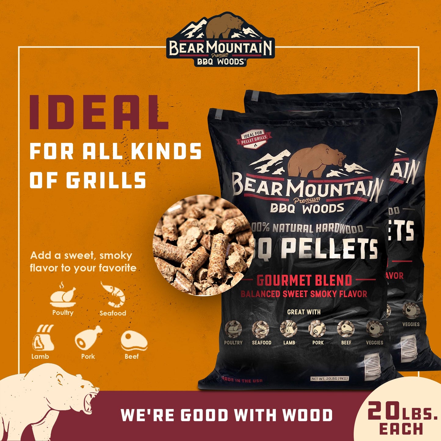 Bear Mountain BBQ Natural Hardwood Gourmet Blend Smoker Pellets, 20 lbs (2 Pack)