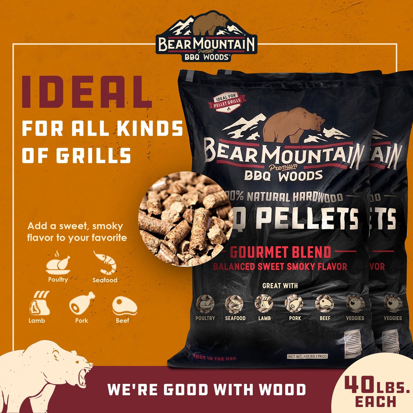 Bear Mountain BBQ All-Natural Hardwood Gourmet Smoker Pellets, 40 lbs (2 Pack)