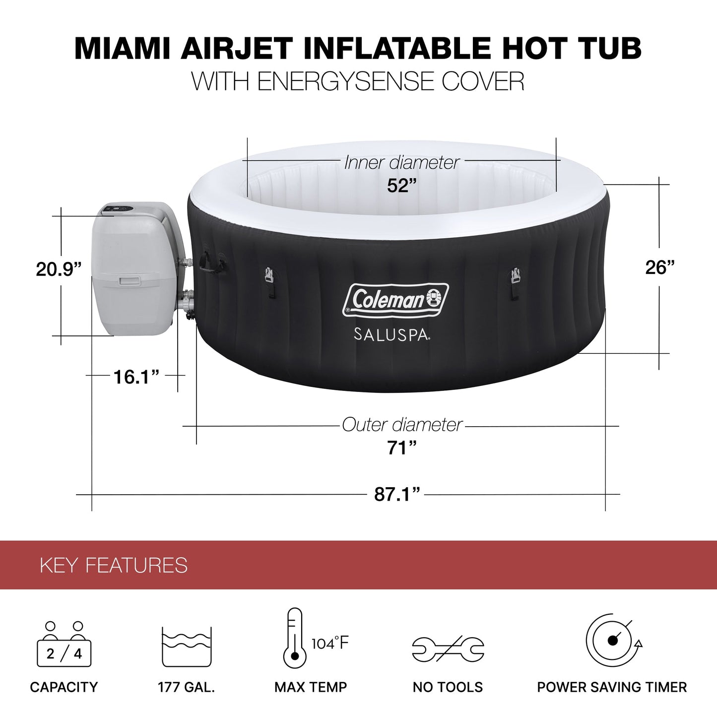 Coleman Miami AirJet Round Inflatable Hot Tub with EnergySense Cover, Black
