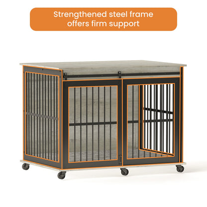 Furniture dog crate sliding iron door dog crate with mat. (Grey,43.7"W x 30"D x 33.7"H)