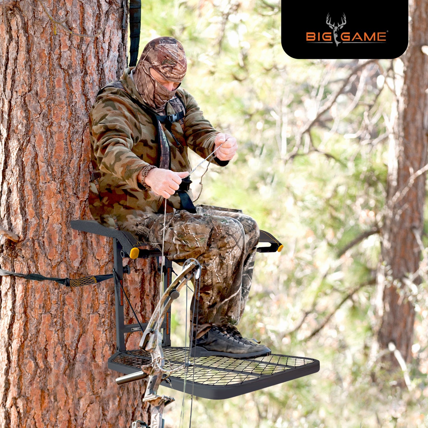 Big Game Captain Steel Hang-On Treestand with 14" x 12" Flip-Back Seat, Black