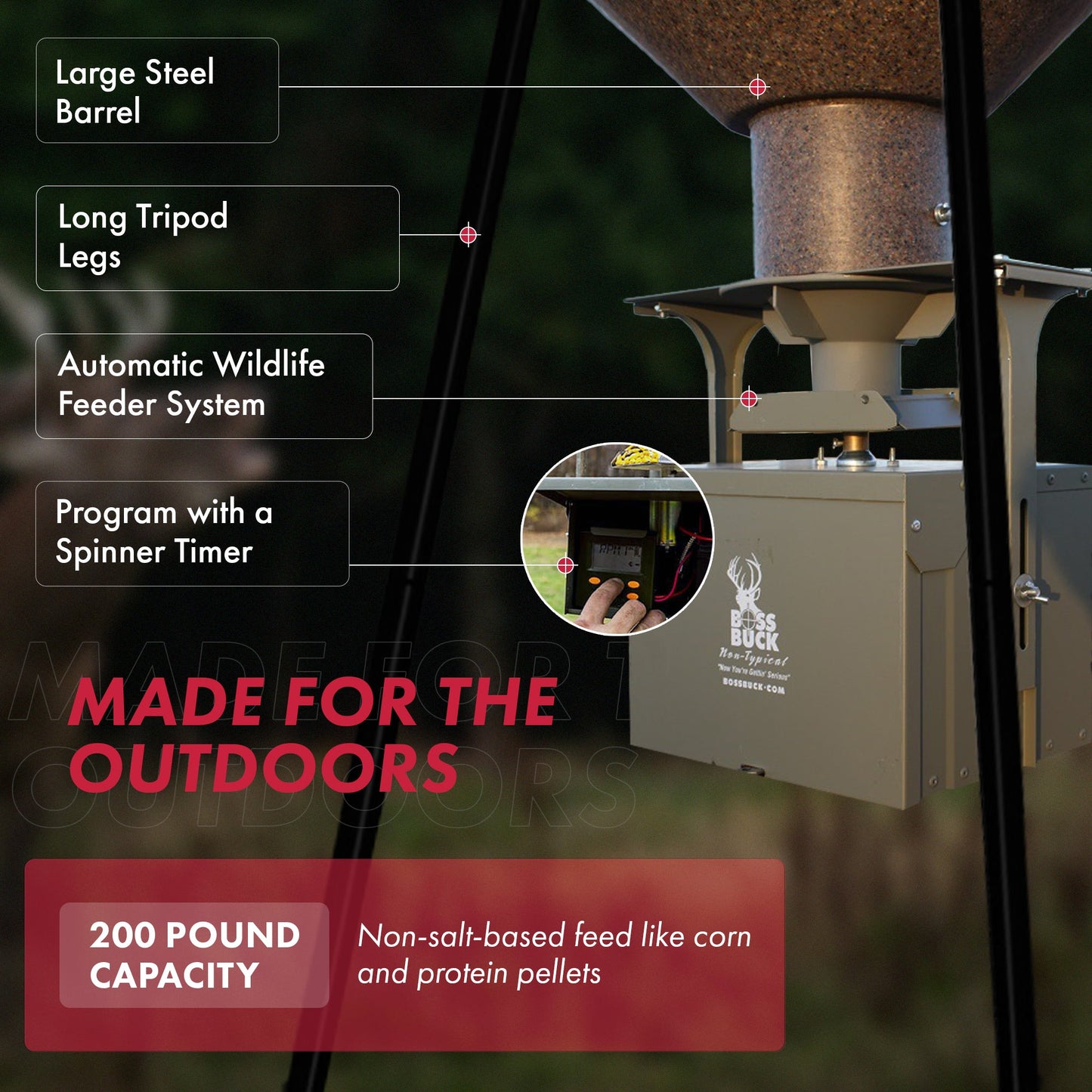 Boss Buck Hunting 200 Series Large Automatic Wildlife Deer Feeder 200lb Capacity