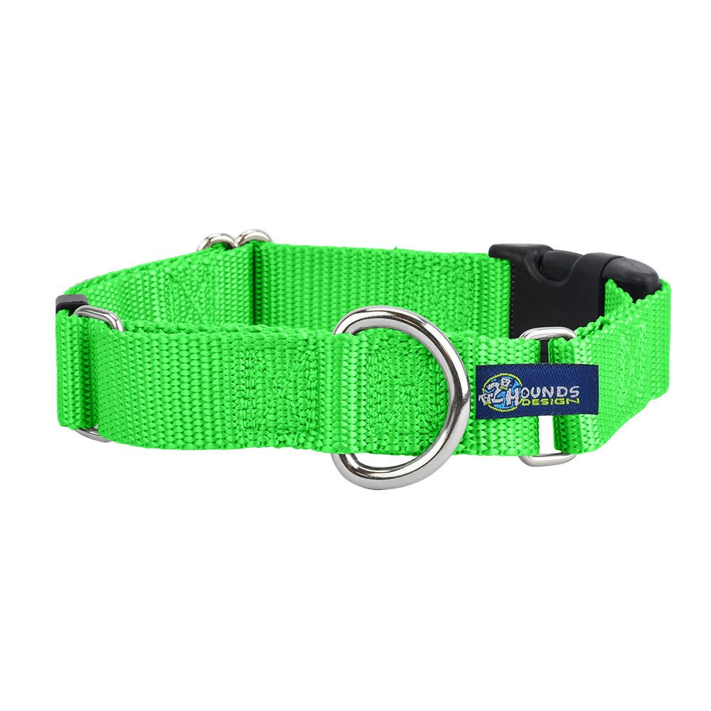 5/8″ and 1″ Neon Green Nylon Buckle Martingale Dog Collar