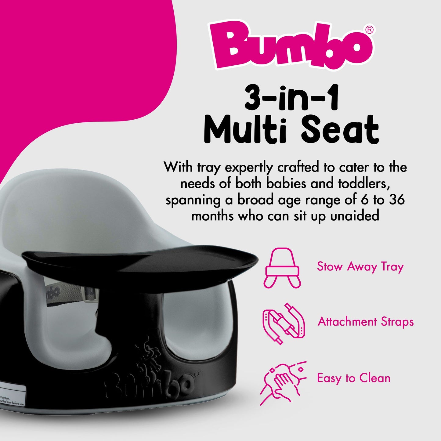 Bumbo Toddler Multi Seat 3-in-1 Booster High Chair and Tray, Black/Cool Grey