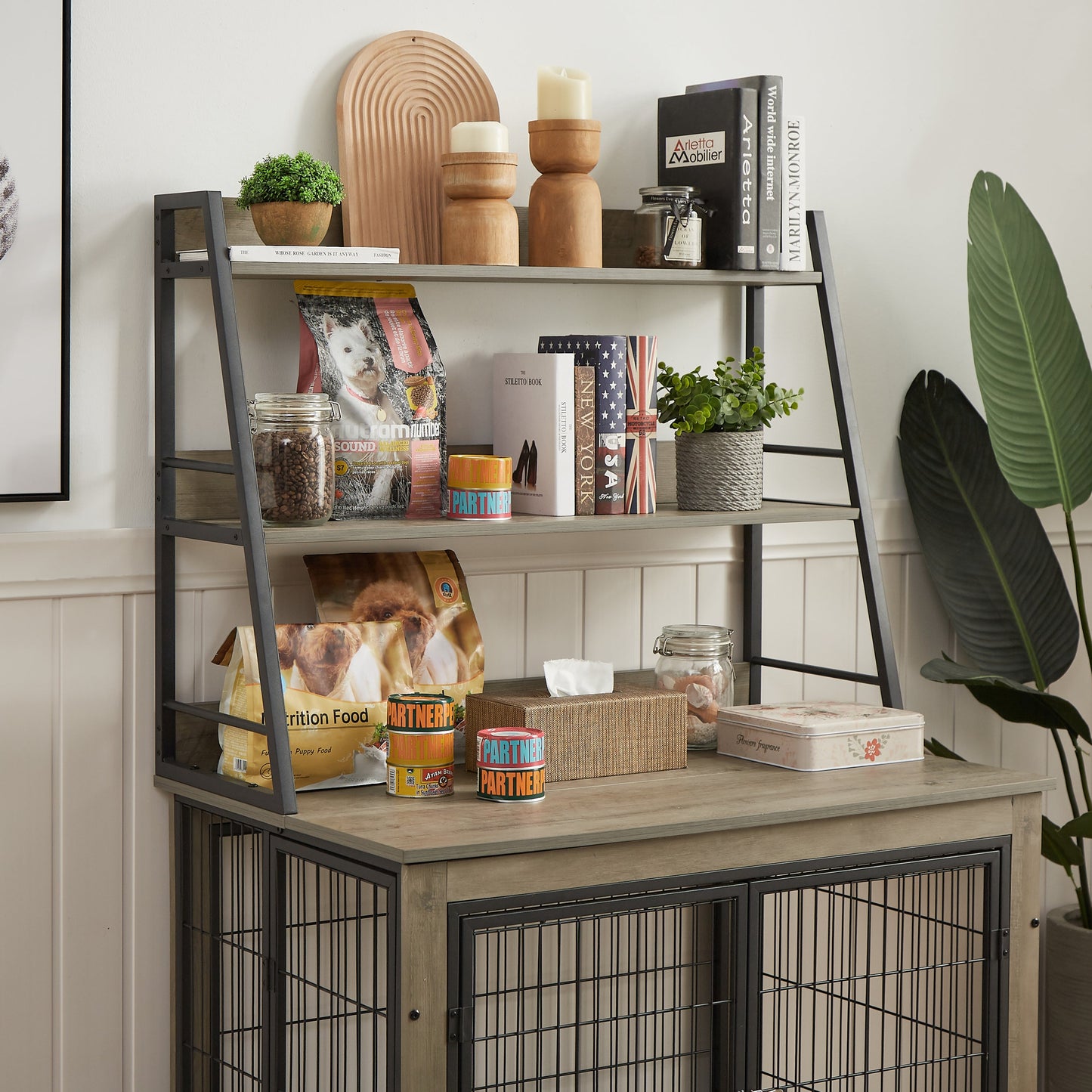 Furniture style dog crate side table with shelves, equipped with double doors and a raised roof. Grey, 38.58 "w x 25.5 "d x 57 "h