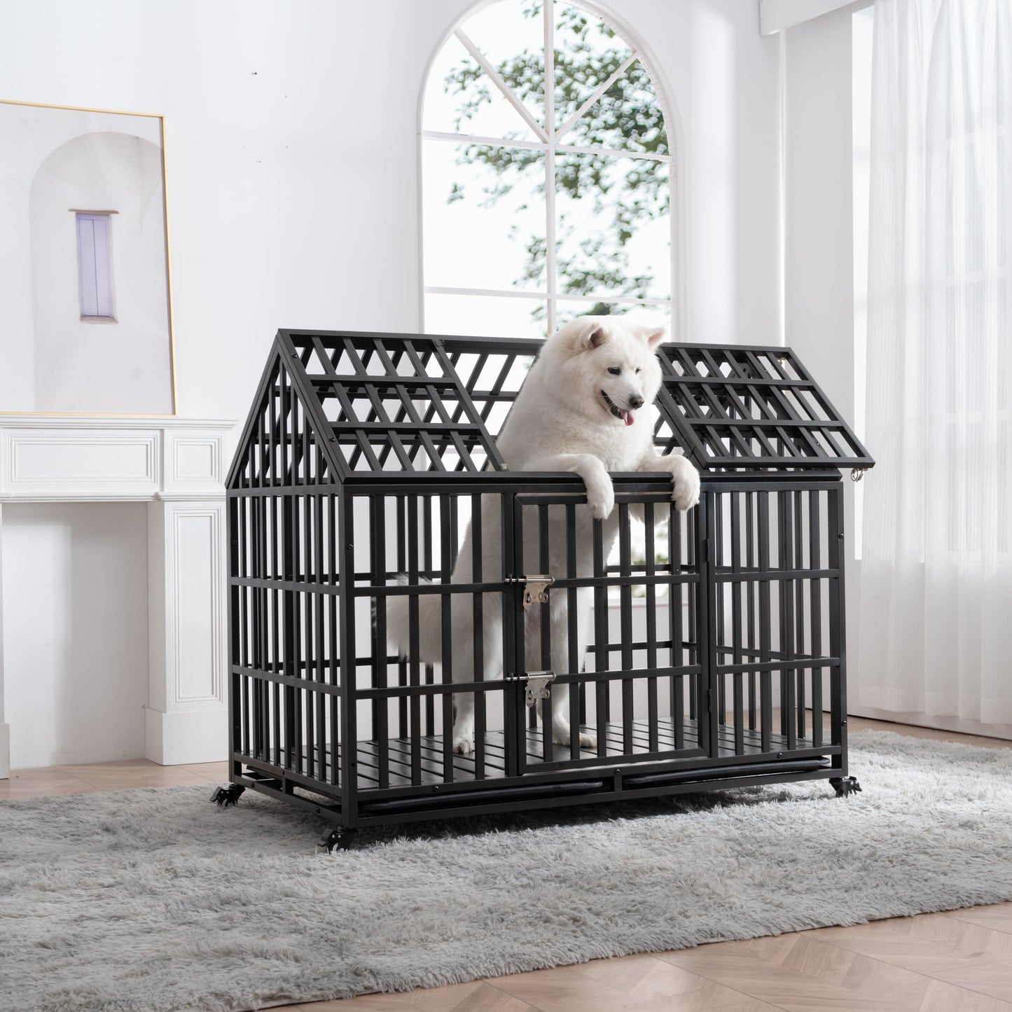 52" Heavy Duty Dog Crate Large Dog cage Strong Metal Dog Kennels and Crates for Large Dogs with 4 Lockable Wheels