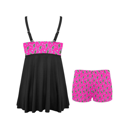 Pink Lightning Bolt Swim Dress & Shorts Set