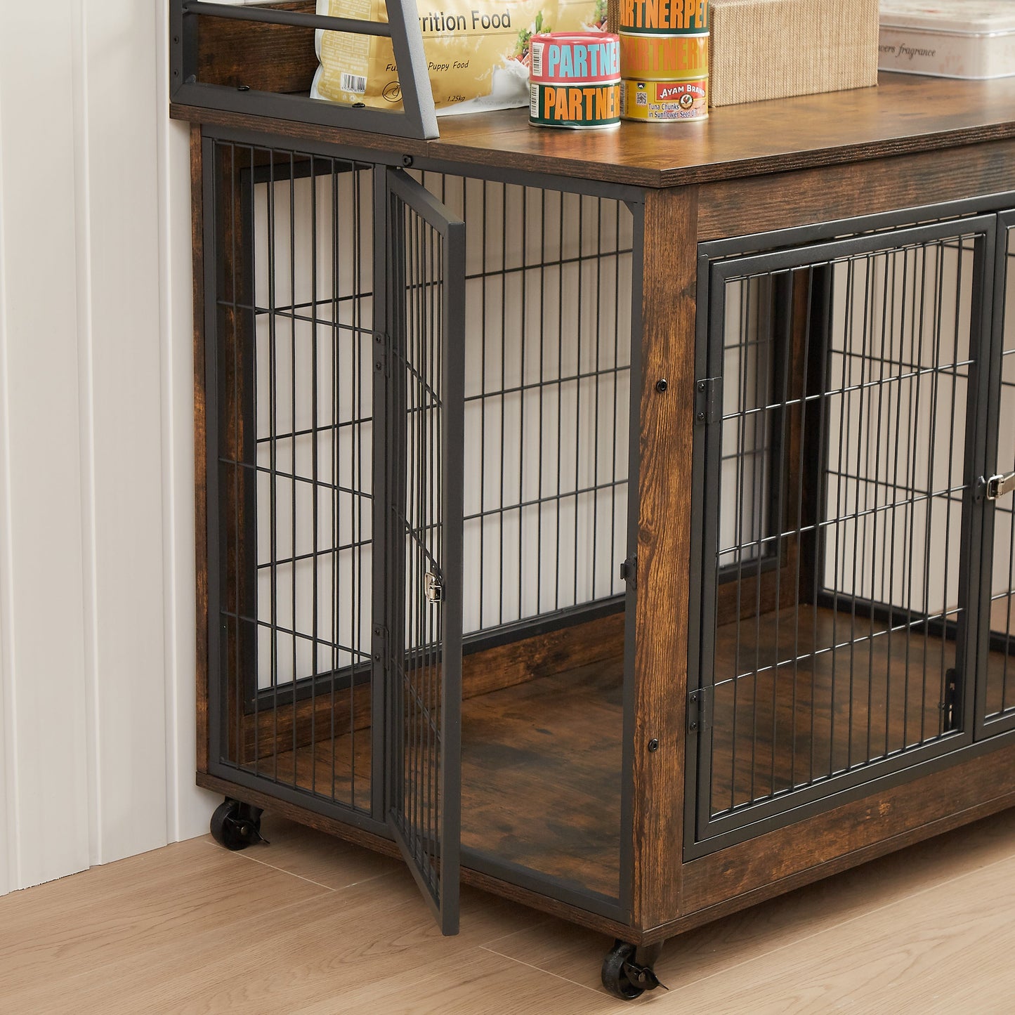 Furniture style dog crate side table with shelves, equipped with double doors and a raised roof. Rustic Brown, 38.58 "w x 25.5 "d x 57 "h