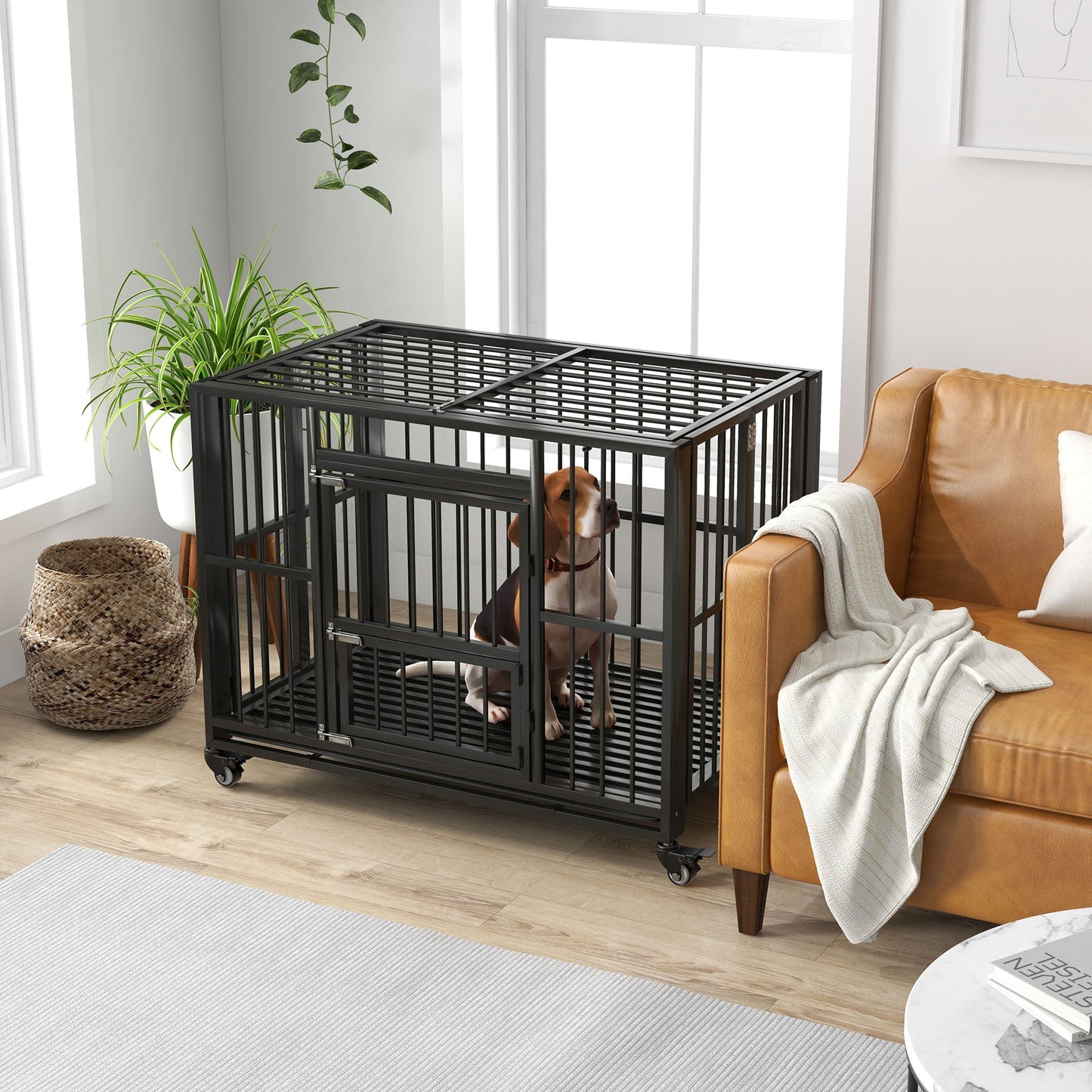 43" Heavy Duty Dog Crate, Strong Steel Foldable Large Dog Crate with 4 Lockable Wheels, Double Doors, Openable Top and Removable Trays for Medium and Large Dogs, Black