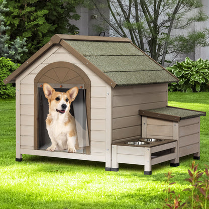 Outdoor fir wood dog house with an open roof ideal for small to medium dogs. With storage box, elevated feeding station with 2 bowls. Weatherproof asphalt roof and treated wood.