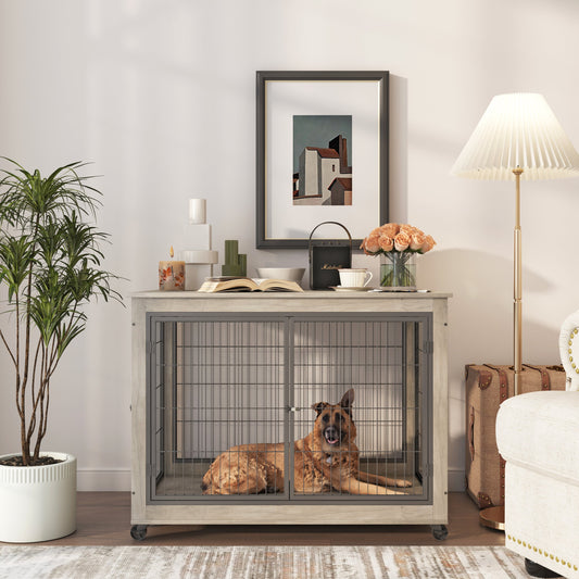 Furniture Style Dog Crate Side Table on Wheels with Double Doors and Lift Top. Grey, 43.7" W x 30" D x 31.1" H.