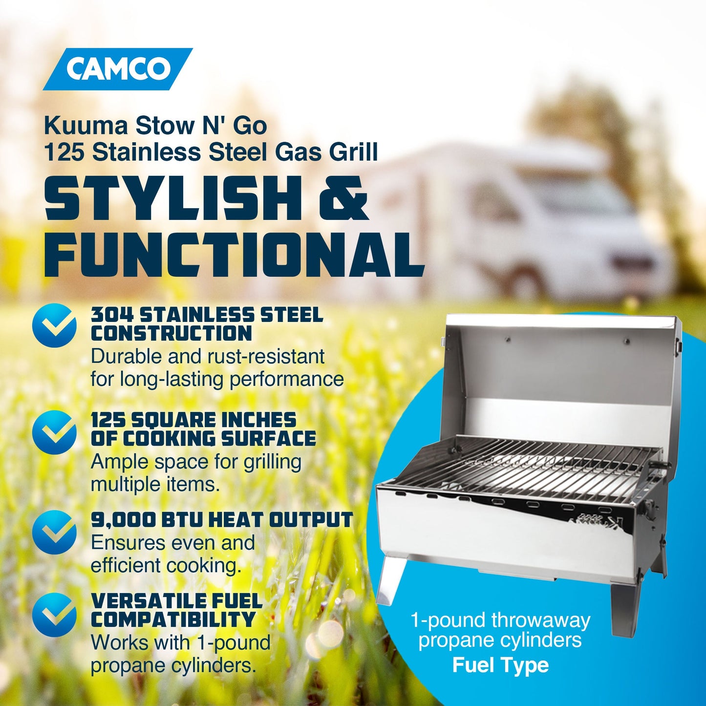 Camco Kuuma Stow N Go 125 Stainless Steel Gas Grill with Pedestal Mount, Silver