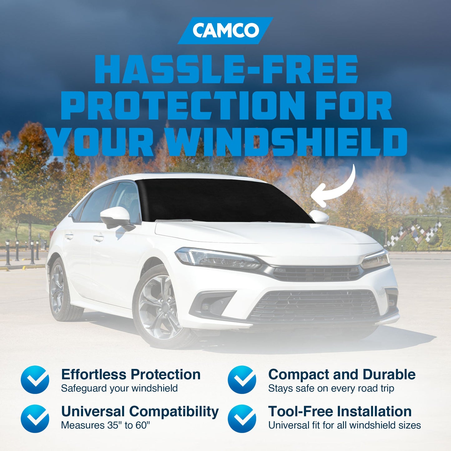 Camco Durable Compact Universal On the Go RV Tow Car Windshield Protector, Black