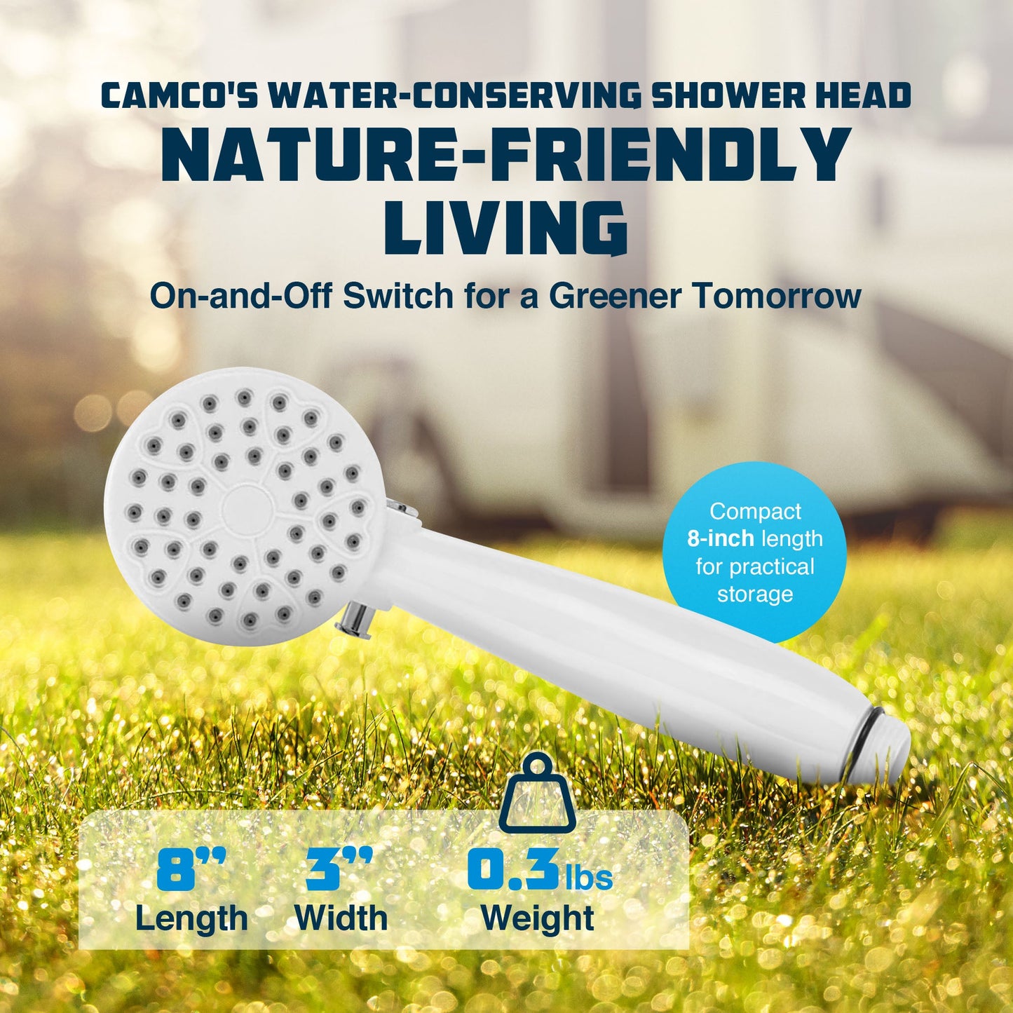 Camco 44023 Round Shower Head with On and Off Switch for RVs and Boats, White