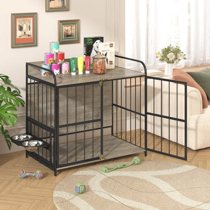 39" Indoor Metal Dog Crate with Double Doors, Wooden Side End Table Crate, Dog Crate Furniture with Adjustable Feeder Stand, for Medium Dog, Gray