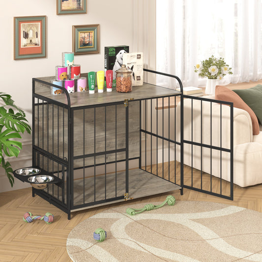 39" Indoor Metal Dog Crate with Double Doors, Wooden Side End Table Crate, Dog Crate Furniture with Adjustable Feeder Stand, for Medium Dog, Gray