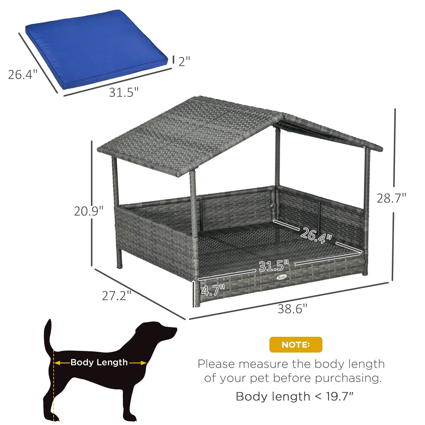 Wicker Dog House Outdoor with Canopy, Rattan Dog Bed with Water-resistant Cushion, for Small and Medium Dogs, Dark Blue