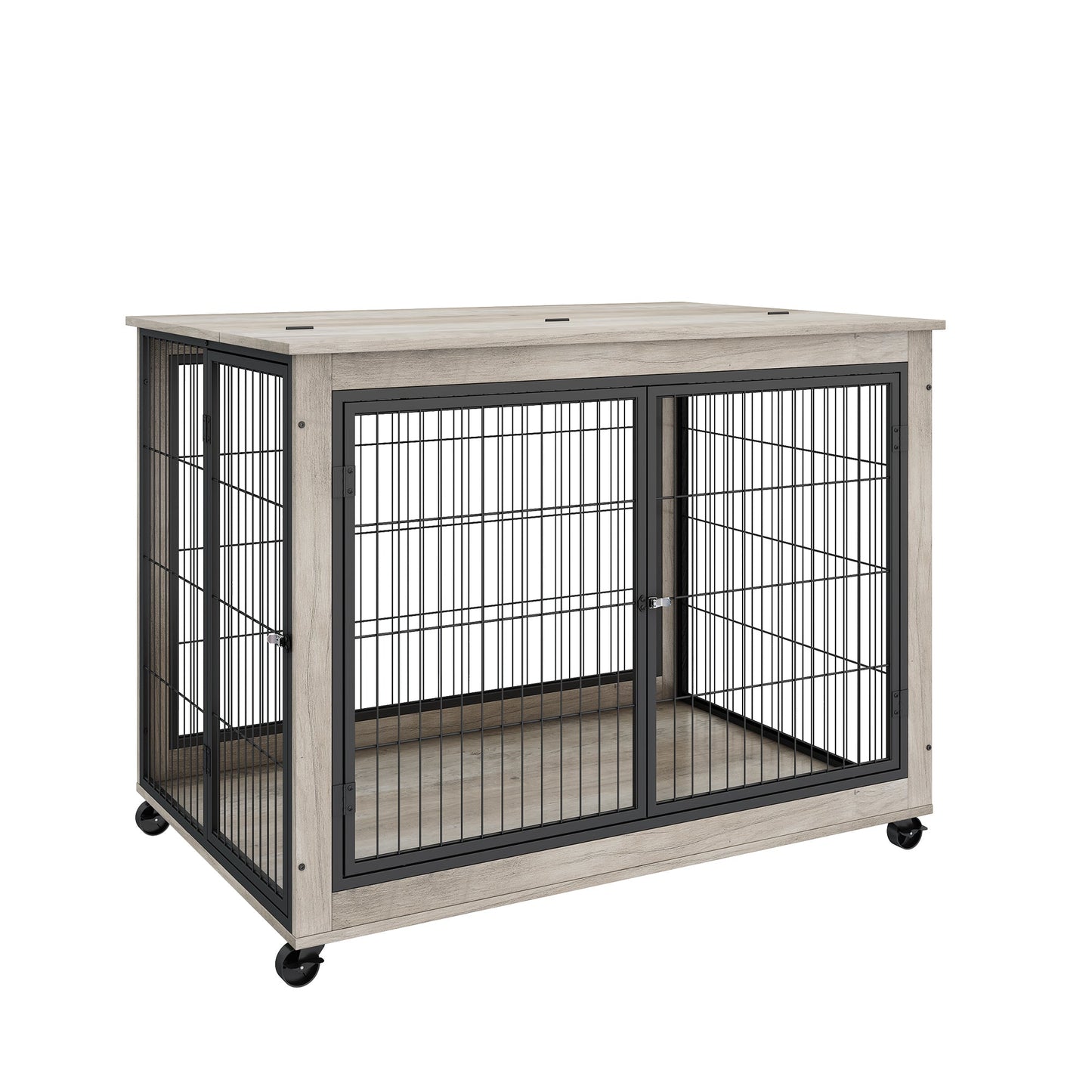 Furniture Style Dog Crate Side Table on Wheels with Double Doors and Lift Top. Grey, 43.7" W x 30" D x 31.1" H.