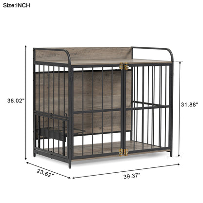 39" Indoor Metal Dog Crate with Double Doors, Wooden Side End Table Crate, Dog Crate Furniture with Adjustable Feeder Stand, for Medium Dog, Gray