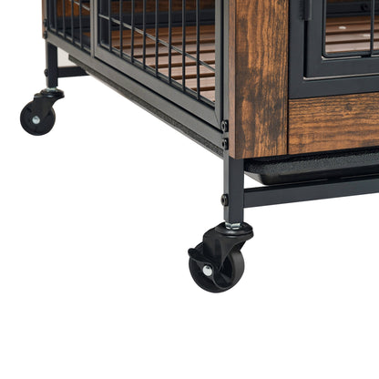 Furniture type dog cage iron frame door with cabinet, two door design, Rustic Brown,37.99"WX27.36"DX59.92"H