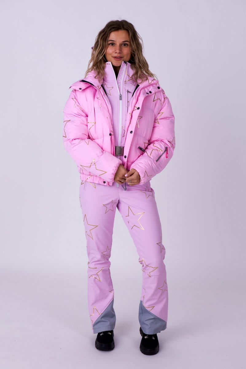 Chic Puffer Jacket - Pink with Gold Stars