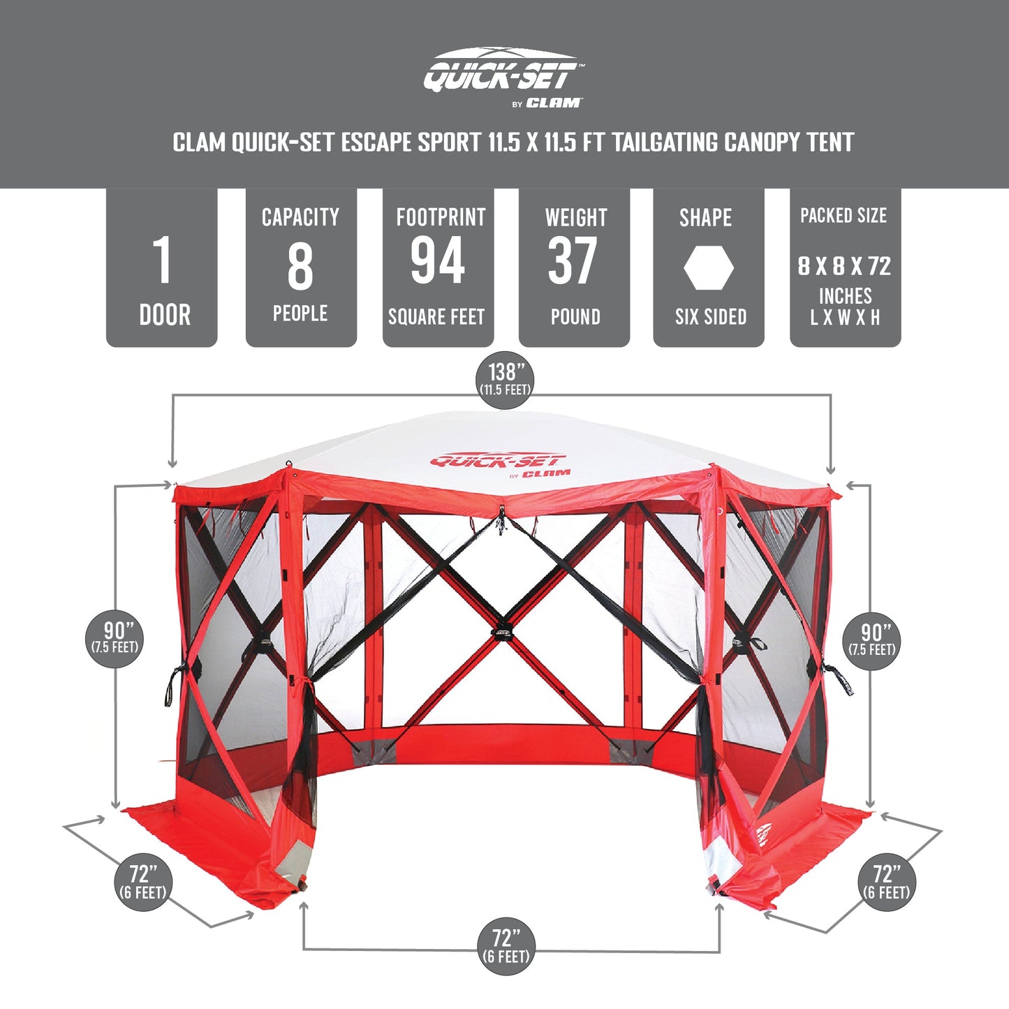 CLAM Quick-Set Escape Sport 11.5 x 11.5 Ft Tailgating Canopy Tent, Red/White